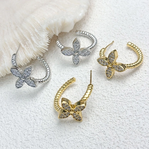 C-Form Creolen Kupfer Zirkon Blume Schmetterling Design Mit 925 Sterling Silber Ohrstecker Elegant Für Damen