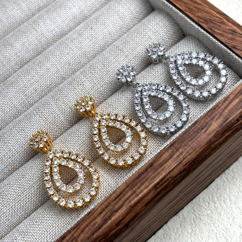 Orecchini Pera Rame Micro Pave Zirconi Doppio Strato Con 925 Sterling Silver Earring Post Lusso Donne