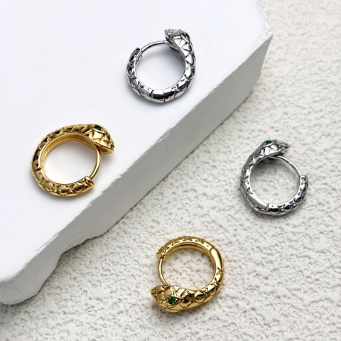 Serpent Snake Hoop Earrings 18K Gold Plated Copper Green Zircon Eyes Textured Fashion Jewelry For Women
