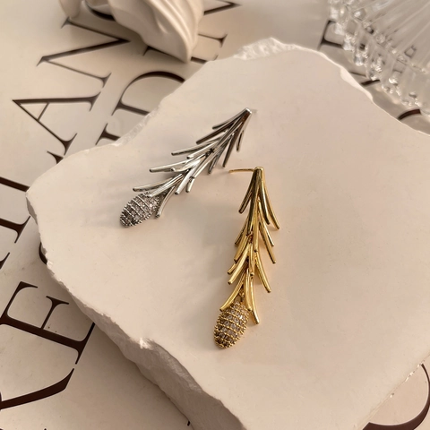Pine Needle Tassel Earrings For Women Copper With 18K Gold Plated Zircon Pine Cone Drop And 925 Sterling Silver Earring Post