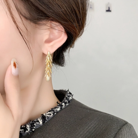Pine Needle Tassel Earrings For Women Copper With 18K Gold Plated Zircon Pine Cone Drop And 925 Sterling Silver Earring Post