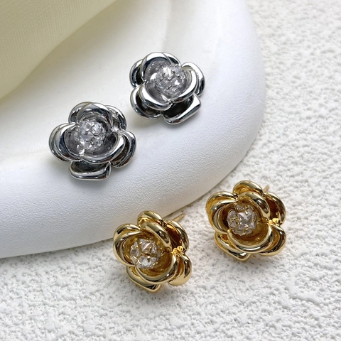 Camellia Flower Stud Earrings 18K Gold Plated Copper With Zircon And 925 Sterling Silver Earring Post Elegant Women