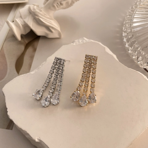 Elegant Zircon Tassel Dangle Earrings With 925 Sterling Silver Earring Post 18K Gold Plated Copper Pear Drop Jewelry Women