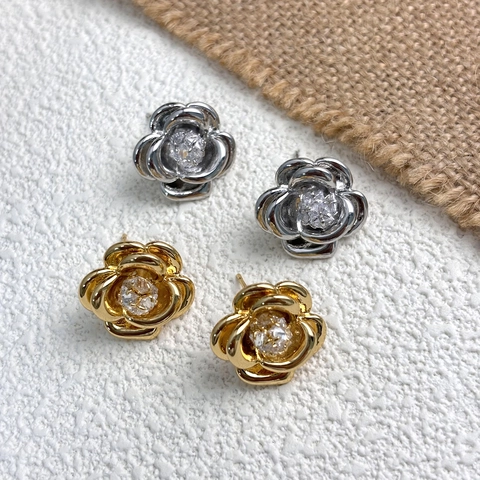 Camellia Flower Stud Earrings 18K Gold Plated Copper With Zircon And 925 Sterling Silver Earring Post Elegant Women