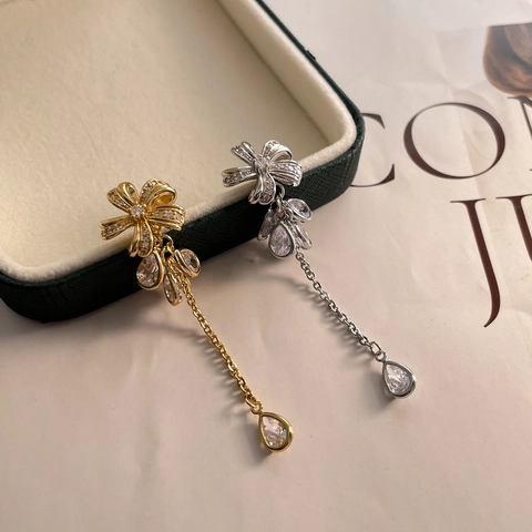 Zircon Blume Schleife Lange Quaste Ohrringe Mit 925 Sterling Silber Ohrstecker Kupfer Vergoldet Schmuck Für Damen