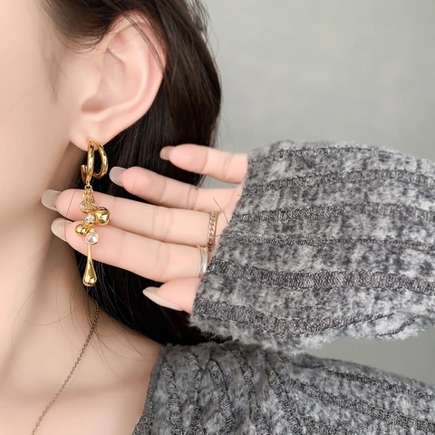 Copper Dangle Earrings For Women 18K Gold Plated C Shaped Hoop Metal Beads Clear Zircon Teardrop Pendant Elegant Vintage