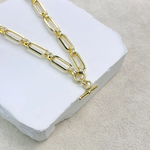 Collar De Cadena Paperclip De Latón Chapado En Oro De 14K Con Cierre De T Y Circón Estilo Hip Hop Unisex