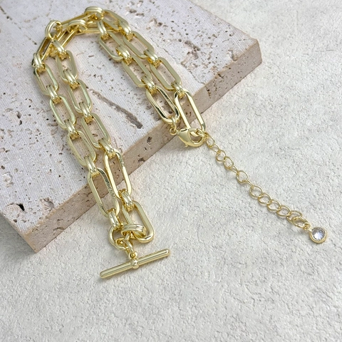 Paperclip Gliederkette Halskette 14K Vergoldetes Messing Mit Knebelverschluss Und Zirkon Unisex Hip-Hop-Stil