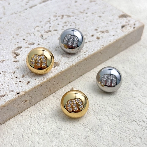 Spherical Stud Earrings With 925 Sterling Silver Earring Post Copper Gold Plated Zircon Letter M Minimalist Jewelry