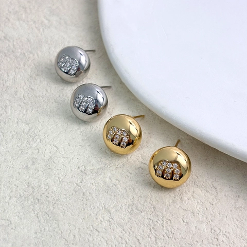 Spherical Stud Earrings With 925 Sterling Silver Earring Post Copper Gold Plated Zircon Letter M Minimalist Jewelry