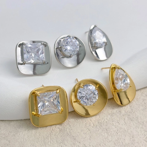 Orecchini A Lobo In Rame Con Zirconi Placcati Oro 18K Geometrici Tondi Quadrati Goccia Gioielli Eleganti Per Donna