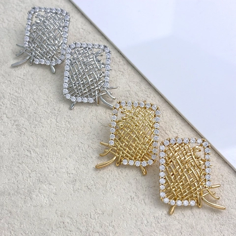 Retro Woven Mesh Geometric Rectangular Stud Earrings With Zircon Inlay And 925 Sterling Silver Earring Post