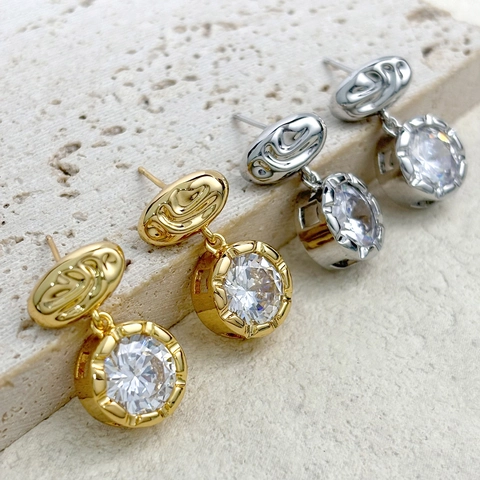 Round Cubic Zirconia Dangle Earrings Copper 18K Gold Plated Lava Texture Geometric Elegant Jewelry For Women