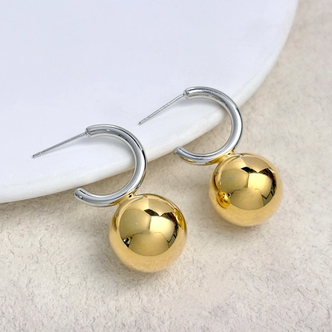 Minimalist C-Shape Ball Drop Earrings Globe Mirror Polish Two-Tone Copper Jewelry With 925 Sterling Silver Earring Post