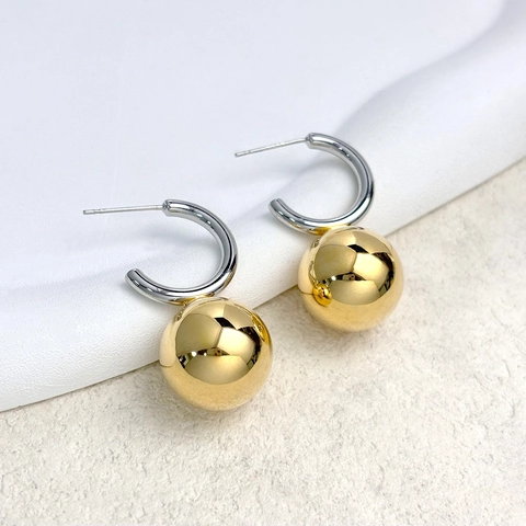 Minimalist C-Shape Ball Drop Earrings Globe Mirror Polish Two-Tone Copper Jewelry With 925 Sterling Silver Earring Post