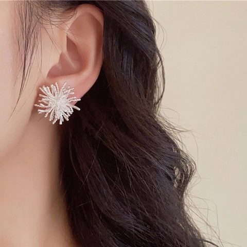 Firework Radial Stud Earrings Copper Zircon Snowflake Blooming Design Vintage Elegant Style Jewelry For Women