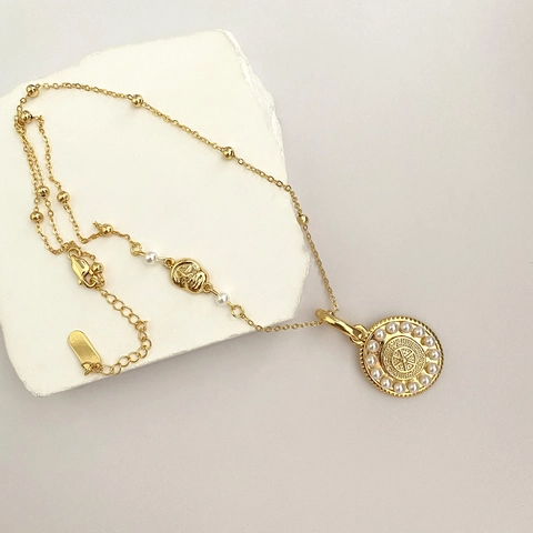 Collier Pendentif En Cuivre Doré Vintage Avec Fausse Künstliche Perle Soleil Pièce Relief Esthétique Bijoux Pour Femmes