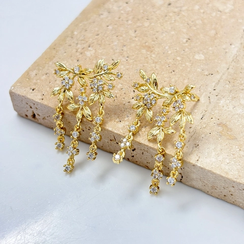 Blad Bloem Kwastje Oorbellen Koper Zirconia Met 925 Sterling Zilveren Oorsteker Verguld Elegant Voor Vrouwen