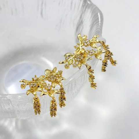 Blad Bloem Kwastje Oorbellen Koper Zirconia Met 925 Sterling Zilveren Oorsteker Verguld Elegant Voor Vrouwen
