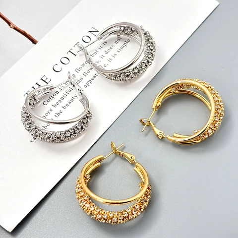 Eleganti Orecchini A Cerchio Multistrato Da Donna Rame Geometrico Zirconia Con 925 Sterling Silver Earring Post