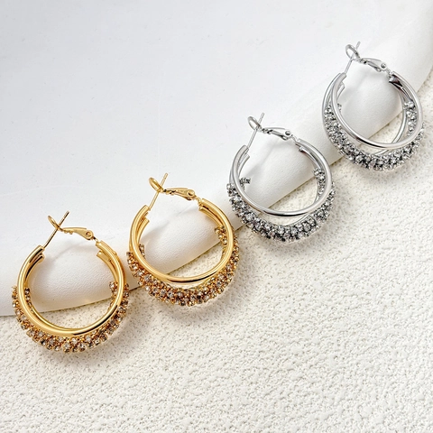 Eleganti Orecchini A Cerchio Multistrato Da Donna Rame Geometrico Zirconia Con 925 Sterling Silver Earring Post