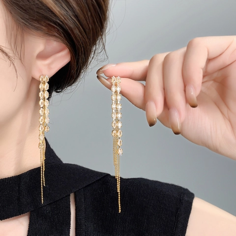 Marquise Zircon Wheat Ear Long Tassel Drop Earrings For Women Elegant Plated Copper With 925 Sterling Silver Earring Post
