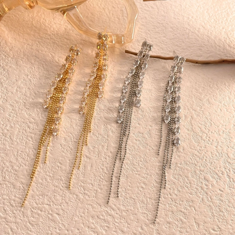 Marquise Zircon Wheat Ear Long Tassel Drop Earrings For Women Elegant Plated Copper With 925 Sterling Silver Earring Post