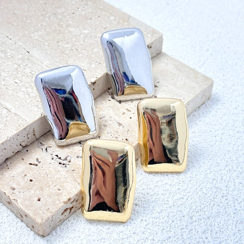 Irregular Rectangular Stud Earrings French Retro Minimalist Liquid Metal Texture High Polish Copper Jewelry For Women