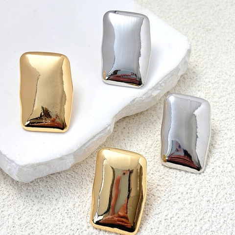 Irregular Rectangular Stud Earrings French Retro Minimalist Liquid Metal Texture High Polish Copper Jewelry For Women