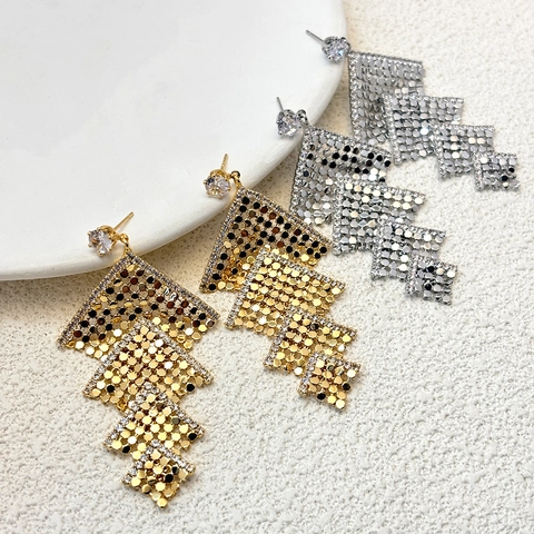 Retro Square Geometric Tassel Earrings Copper Zircon With 925 Sterling Silver Earring Post Fashion Hollow Tiered Jewelry