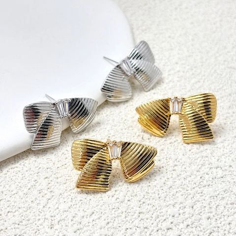 Bow Knot Stud Earrings Brass 18K Gold Plated Zircon With 925 Sterling Silver Earring Post French Retro Minimalist Jewelry Women