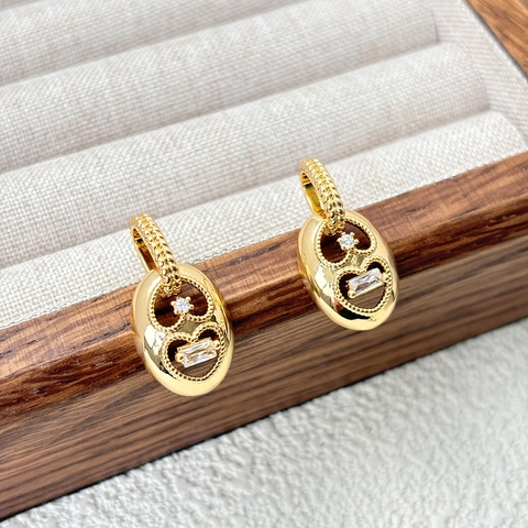 Vintage Oval Herz Ohrringe Zirkonia Kupfer Vergoldet 18K Gold Mit 925 Sterling Silber Ohrstecker Für Damen