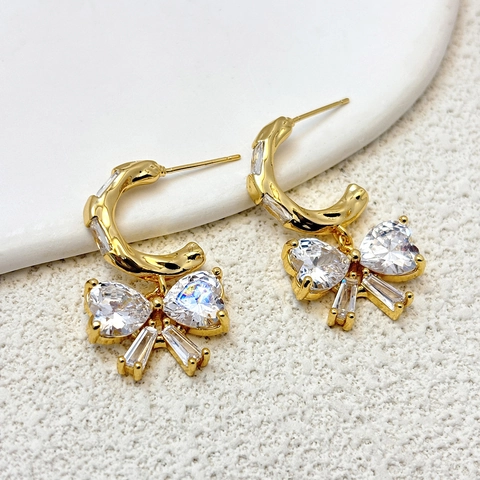 Funkelnde Zirkon Schleife Ohrhänger Mit 925 Sterling Silber Ohrstecker Herzform Kupfer Schmuck Für Frauen