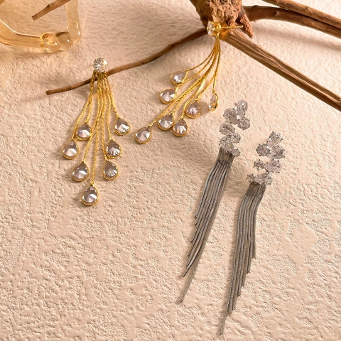 Pendientes Largos De Borla De Cobre Circón Gota Con Poste De Oreja De Plata Esterlina 925 Joyería Elegante Mujer