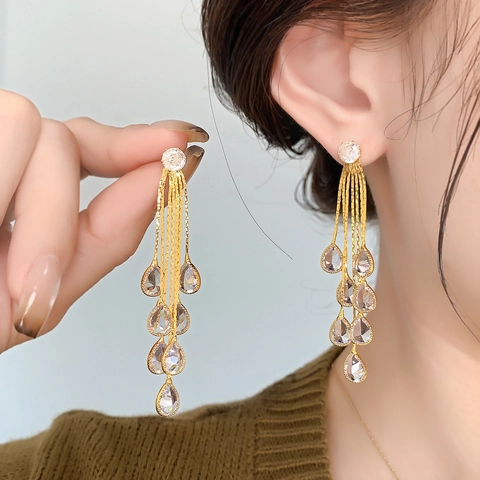 Pendientes Largos De Borla De Cobre Circón Gota Con Poste De Oreja De Plata Esterlina 925 Joyería Elegante Mujer