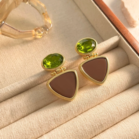 Orecchini Geometrici Vintage Francese Rame Placcato Oro 18K Pietra Verde Resina Marrone Perno In Argento Sterling 925