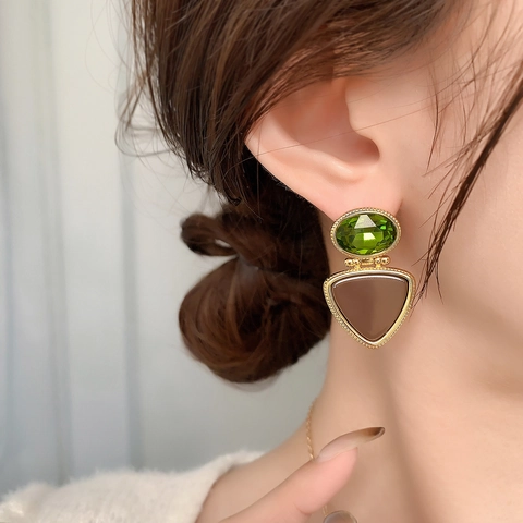 Orecchini Geometrici Vintage Francese Rame Placcato Oro 18K Pietra Verde Resina Marrone Perno In Argento Sterling 925