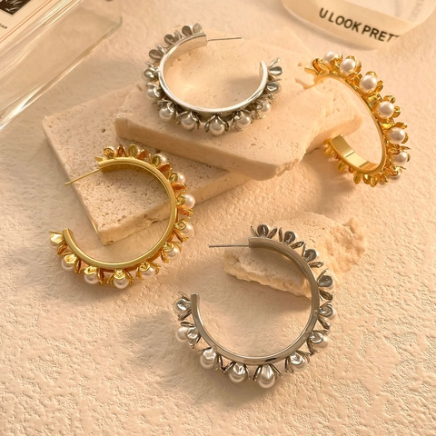Pendientes De Aro Con Perlas Artificiales En Forma De C Retro Francés Joyería De Cobre Bañado En Oro 18K Para Mujer Elegante