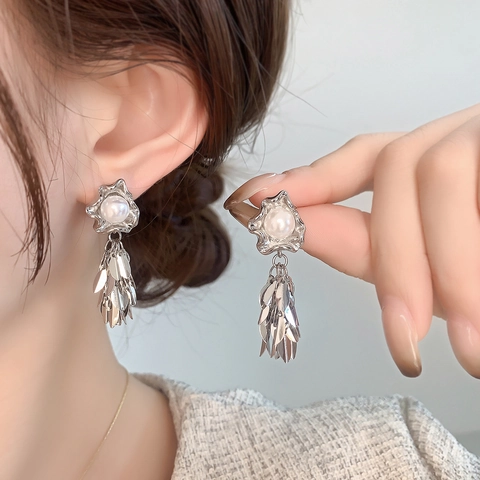 Tassel Ohrhänger Mit 925 Sterling Silber Ohrstecker Kupfer Blatt Anhänger Kunstperle Retro Elegant Damen Schmuck