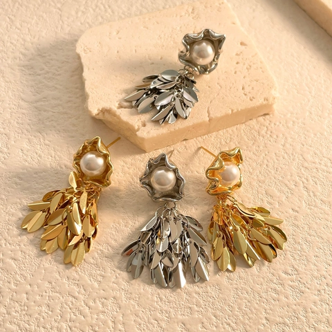 Tassel Ohrhänger Mit 925 Sterling Silber Ohrstecker Kupfer Blatt Anhänger Kunstperle Retro Elegant Damen Schmuck