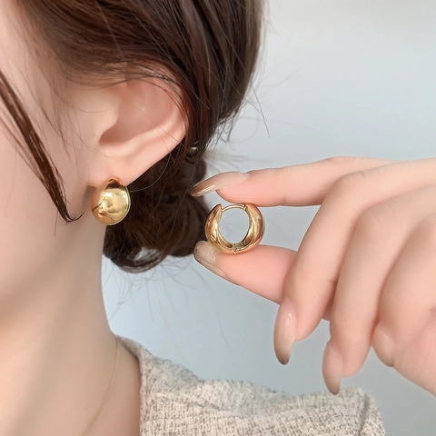 Chunky Creolen Kupfer 18K Vergoldet Französisch Minimalistisch Geometrisch Huggie Glatt Hammerschlag Textur Damen