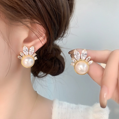 Orecchini A Lobo Perla Artificial Fiore Rame Placcato Oro Zircone 925 Sterling Silver Earring Post Elegante Stile Vintage Donna