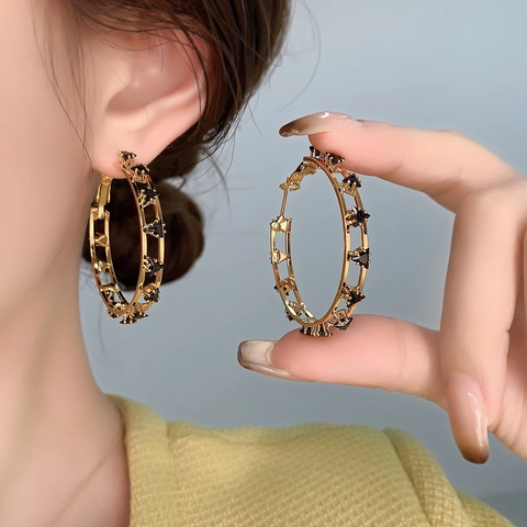 Large Hoop Earrings Hollow Copper 18K Gold Plated Black Zircon Triangle Star Geometric Jewelry For Women Chic