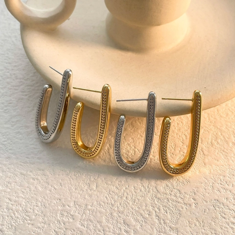 Minimalist U Shaped Stud Earrings For Women Copper 18K Gold Plated Geometric Milgrain Bead Texture Vintage Jewelry