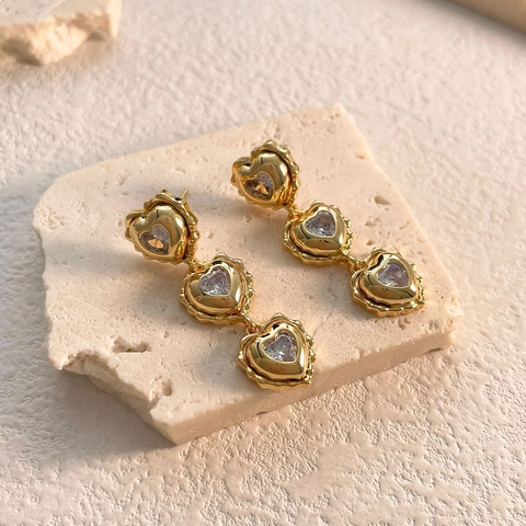 Triple Heart Drop Earrings Copper Zircon Inlaid French Retro Light Luxury Dangle Ear Jewelry For Women