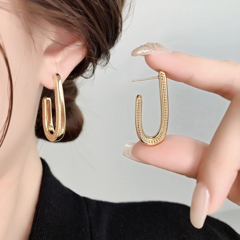 Minimalist U Shaped Stud Earrings For Women Copper 18K Gold Plated Geometric Milgrain Bead Texture Vintage Jewelry