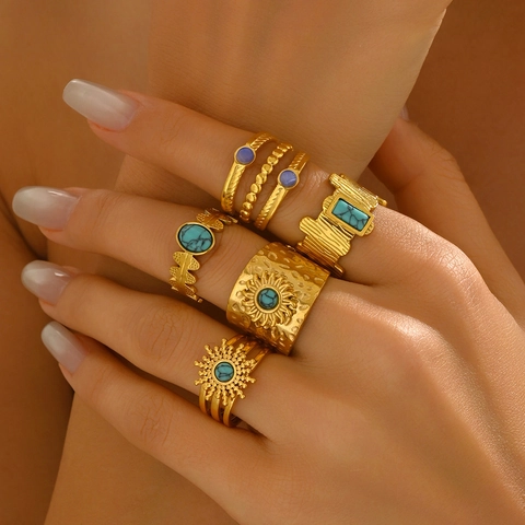 Bohemian Ring Set For Women 18K Gold Plated Stainless Steel Adjustable Open Band Retro Sunburst Turquoise Jewelry