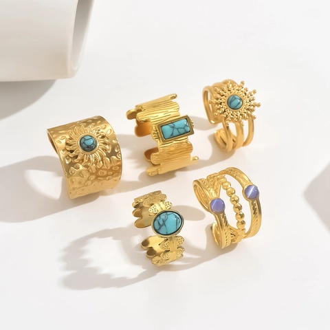 Bohemian Ring Set For Women 18K Gold Plated Stainless Steel Adjustable Open Band Retro Sunburst Turquoise Jewelry