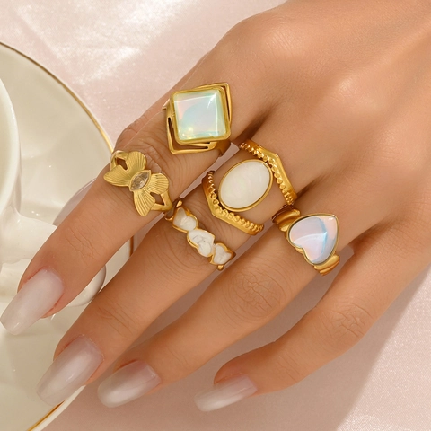 Butterfly Heart Opal Rings 18K Gold Plated Stainless Steel Adjustable Opening Stackable Vintage Jewelry For Women