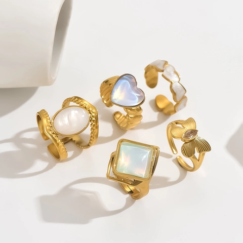Butterfly Heart Opal Rings 18K Gold Plated Stainless Steel Adjustable Opening Stackable Vintage Jewelry For Women